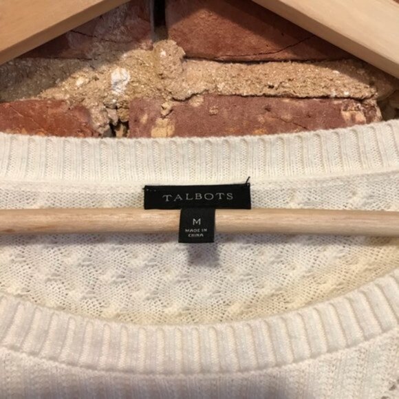 Talbots Ivory Fringe Yolk Cable Knit Sweater Medium Wool Blend - Picture 2 of 7